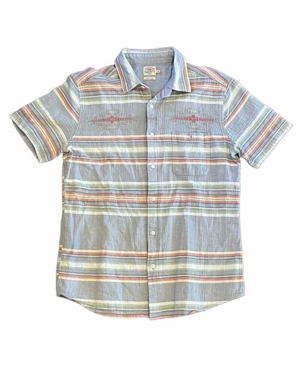 Faherty Doug Good Feather Short Sleeve Shirt Size M Blue